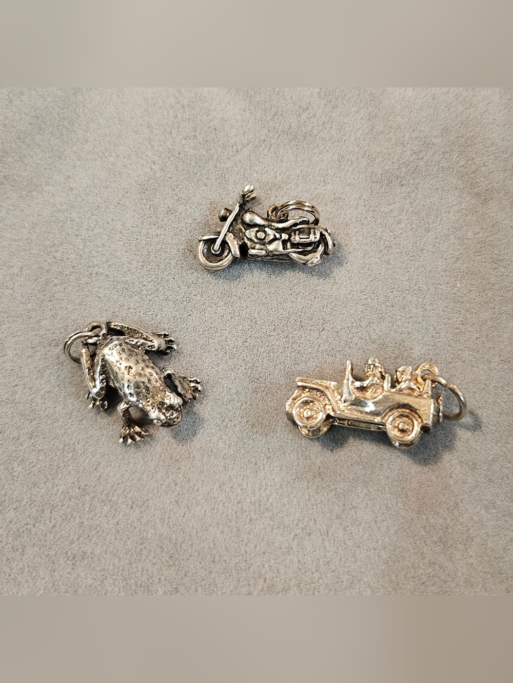 Silver Motorcycle, Frog & Car Charms - Set of 3